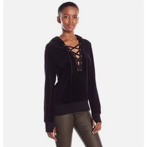 PAM & GELA Black Lace Up Front Velour Hoodie Sweatshirt in Size Medium